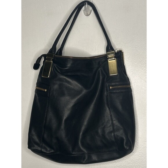 Vtg BANANA REPUBLIC Leather Tote Bag Purse Hobo Black Lagenlook Gold Hardware - Picture 4 of 7